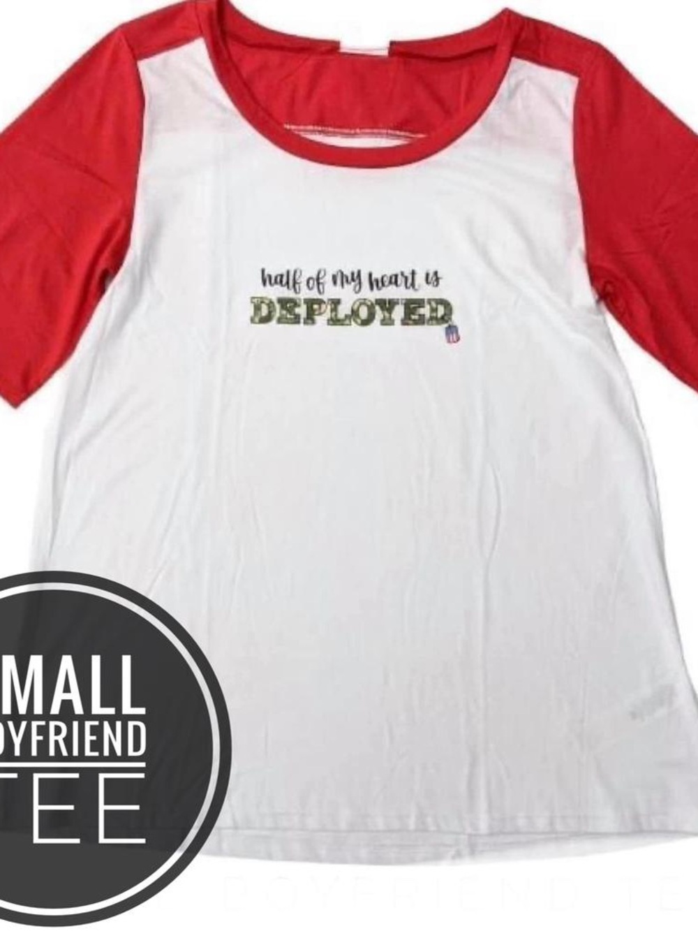 LuLaRoe White Tee with Red Raglan Sleeves and Camo 'Deployed' Graphic